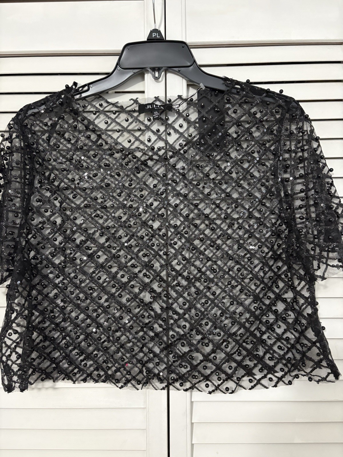 Beaded Sequin Black Mesh Top Short Sleeve Size XL