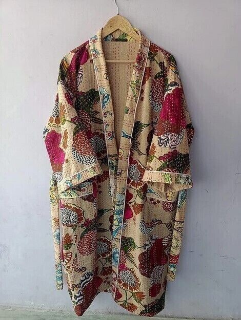 Indian Kantha Kimono Handmade Long Nightwear Gown Winter Jacket Cardigan Dress