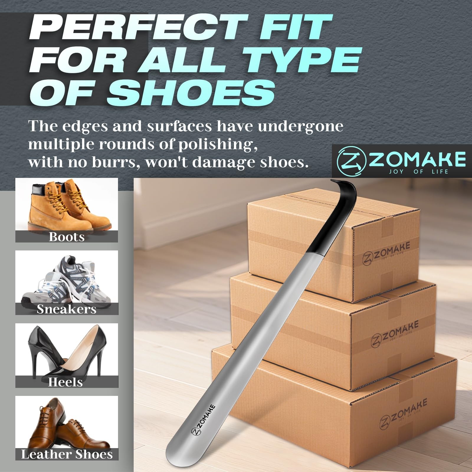 ZOMAKE 16.5″ Long Handle Shoe Horn Stainless Steel Metal Boot Spoon Men Women