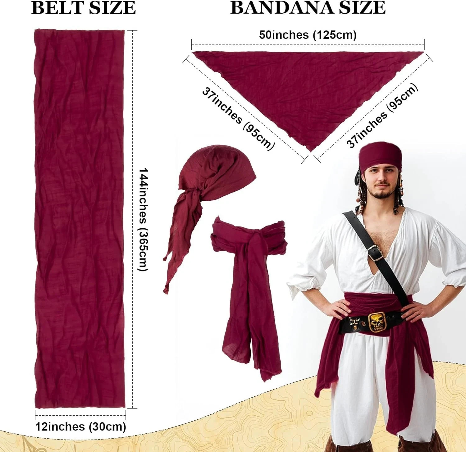 Pirate Costume Set for Adults Men Women Sash Bandana Head Scarf Belt Halloween