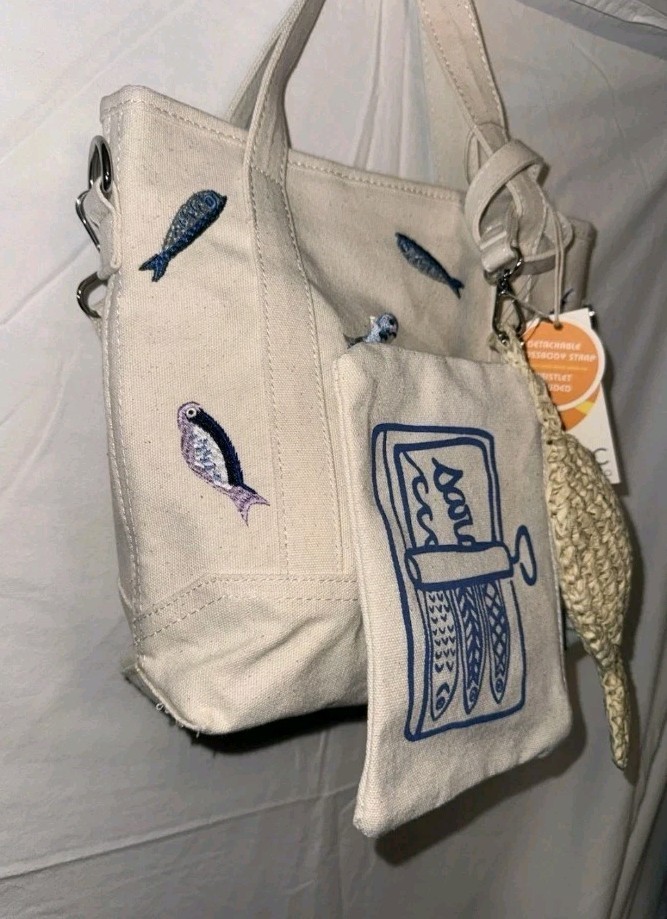 NWT C & C California Sardine Fish Canvas Crossbody Tote Bag