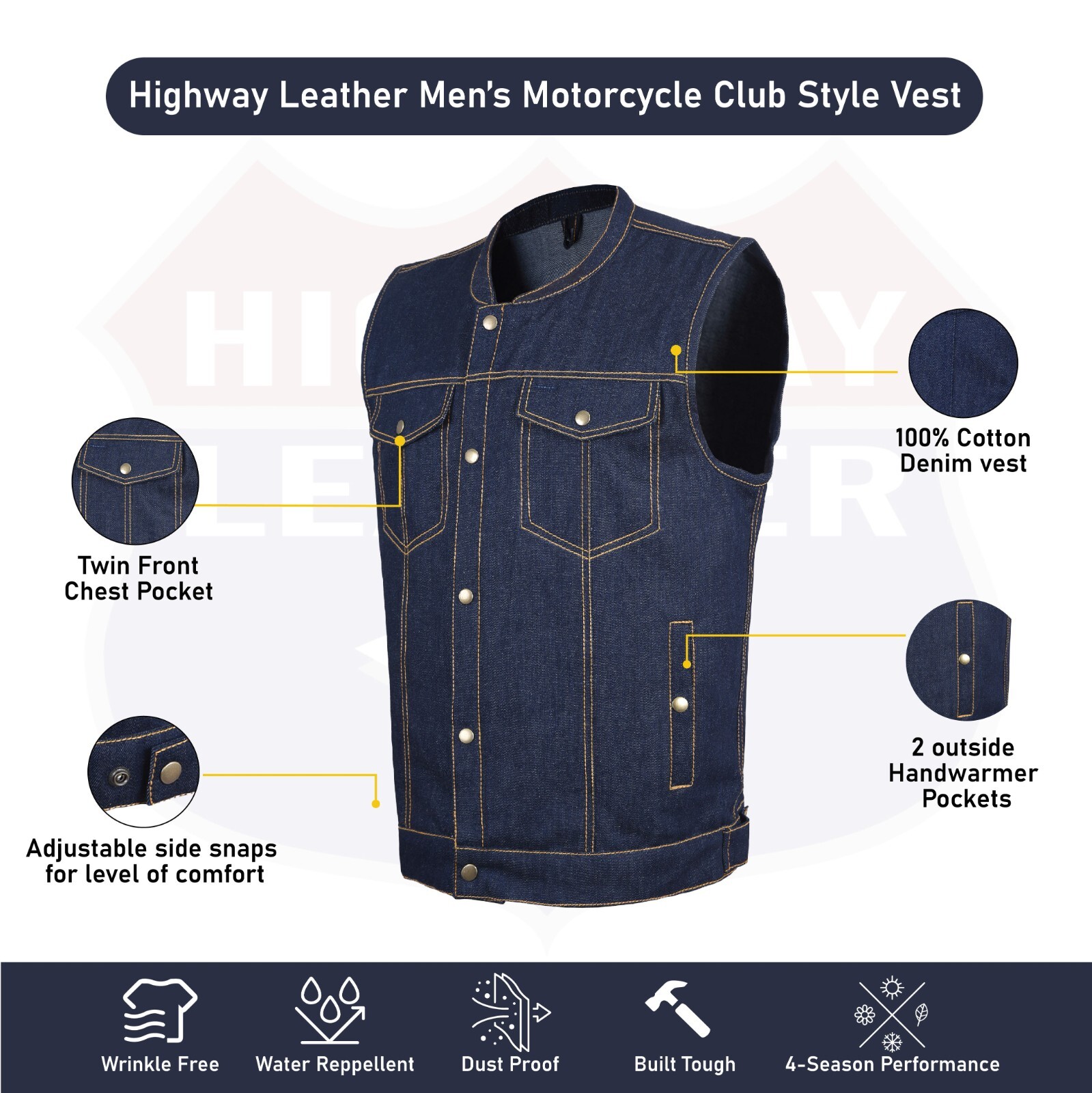 HL21687 Men’s Denim Vest in Blue with Contrast Stitching – 100% Cotton Classic