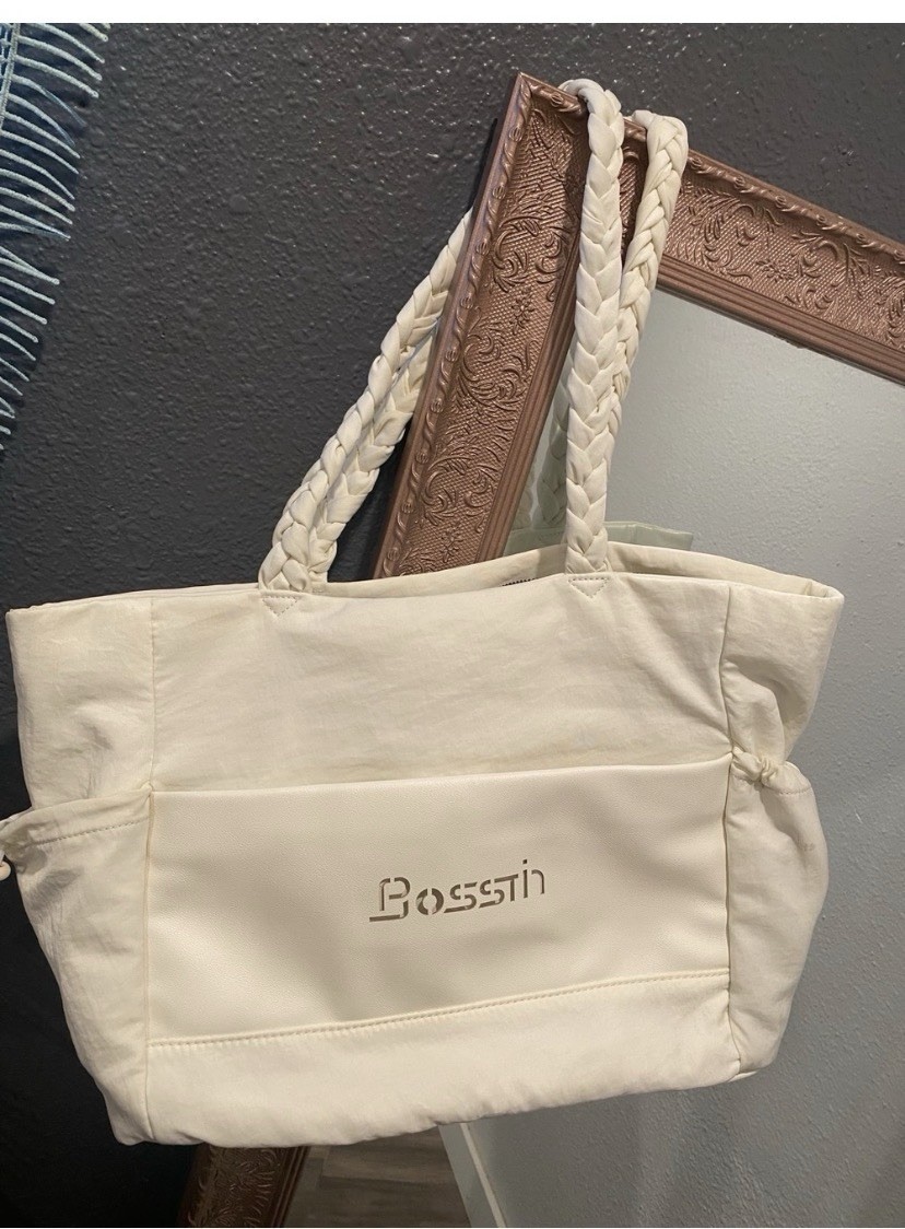 Bosstin Beige Tote Bag Zip Closure Braided Handles Inner Pockets Silver HW