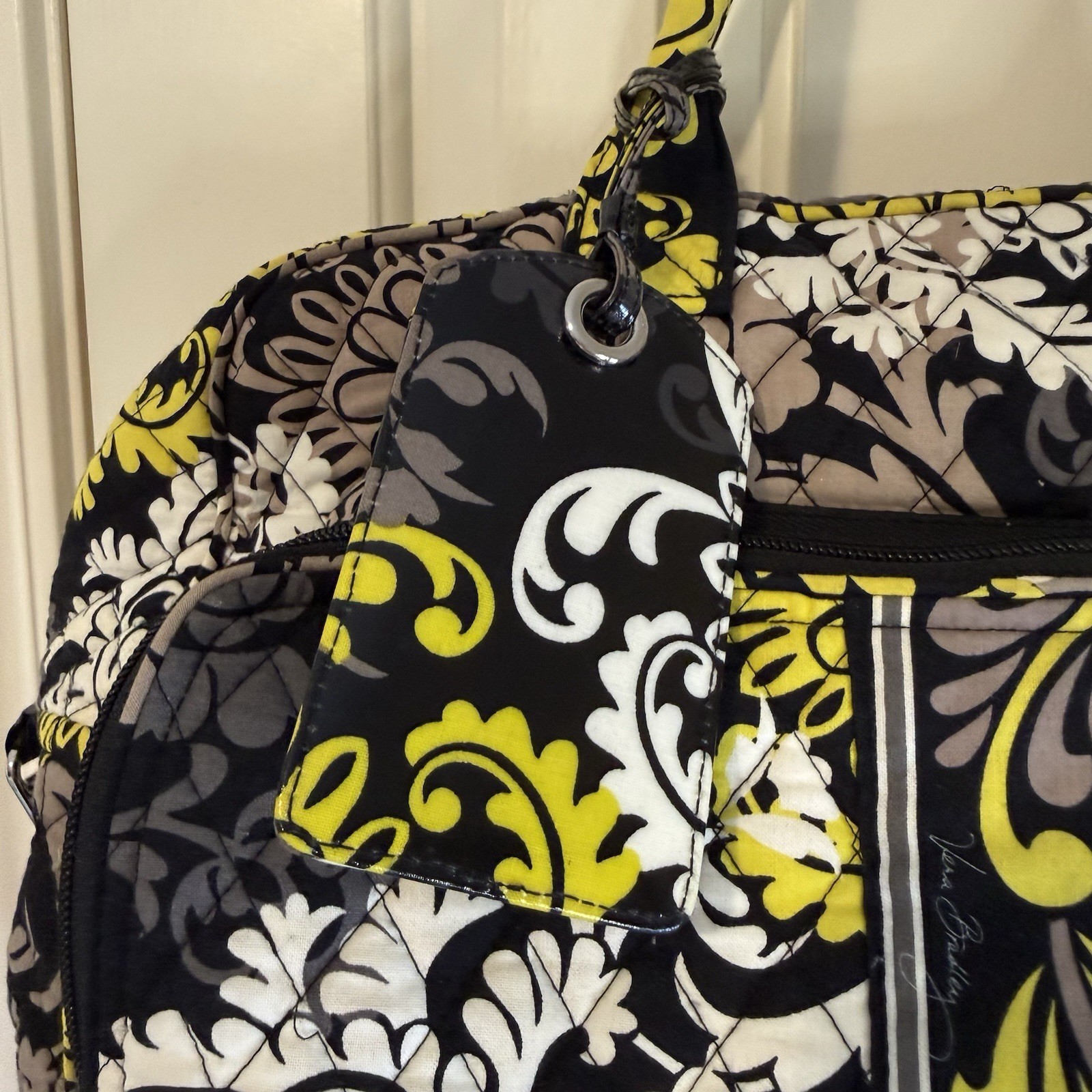 Vera Bradley Fanfare Traveler Weekender Bag Black White Yellow Boho Paisley