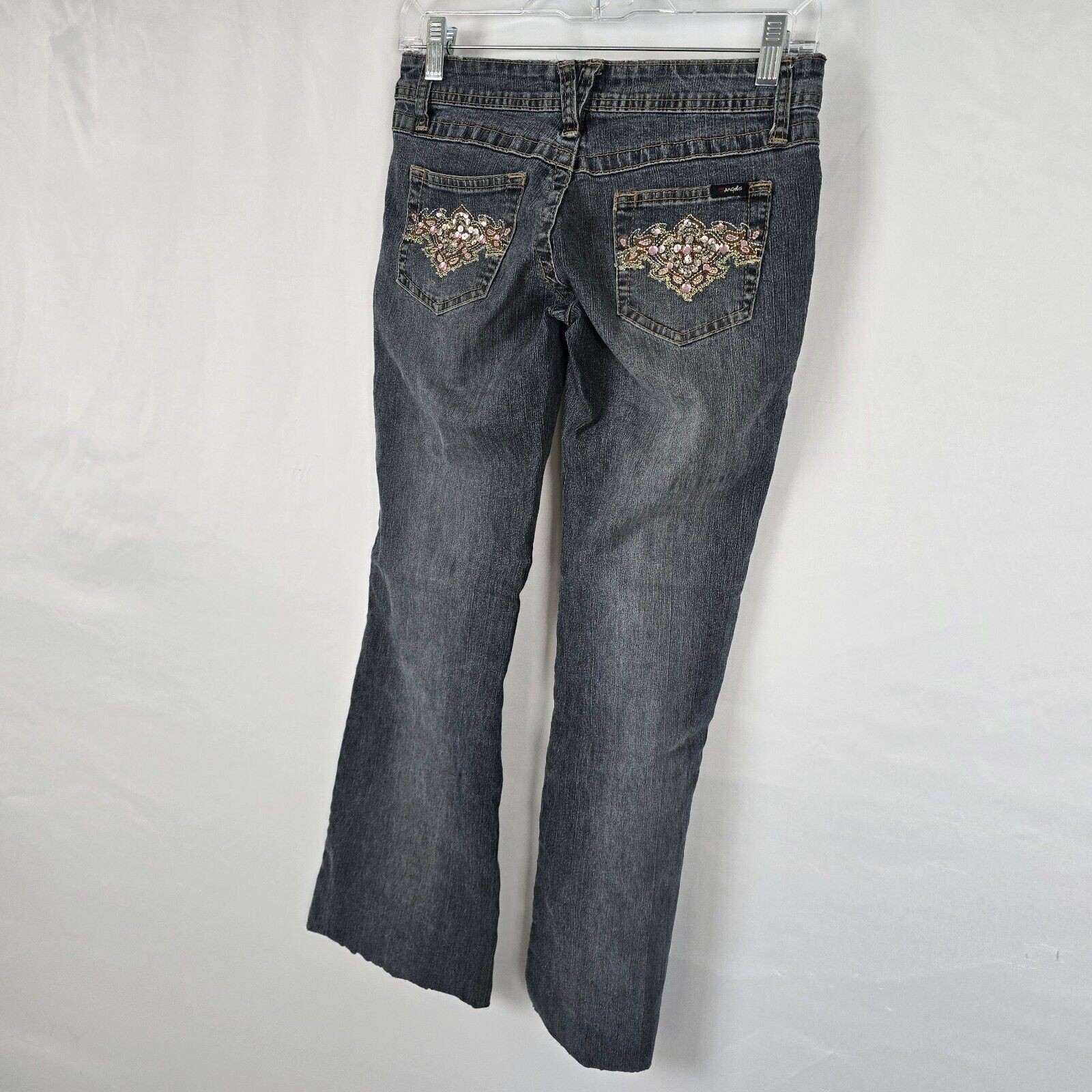 Angels Jeans Juniors 3 / 28 Blue Flare Raw Hem Ankle Embordered Sequin Bejeweled