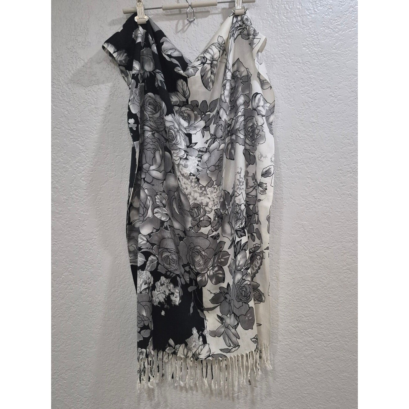 Black & White Floral Fringe Shawl Wrap | Elegant Lightweight Layering Scarf