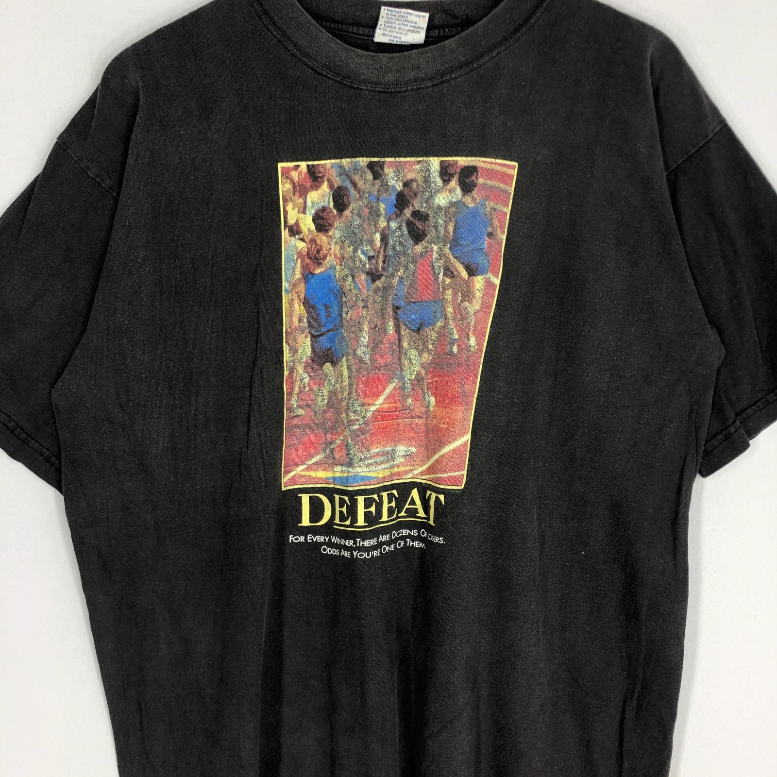 Vintage Defeat Big Print T Shirt Running Printed Black Tee Casual Sportswear XL