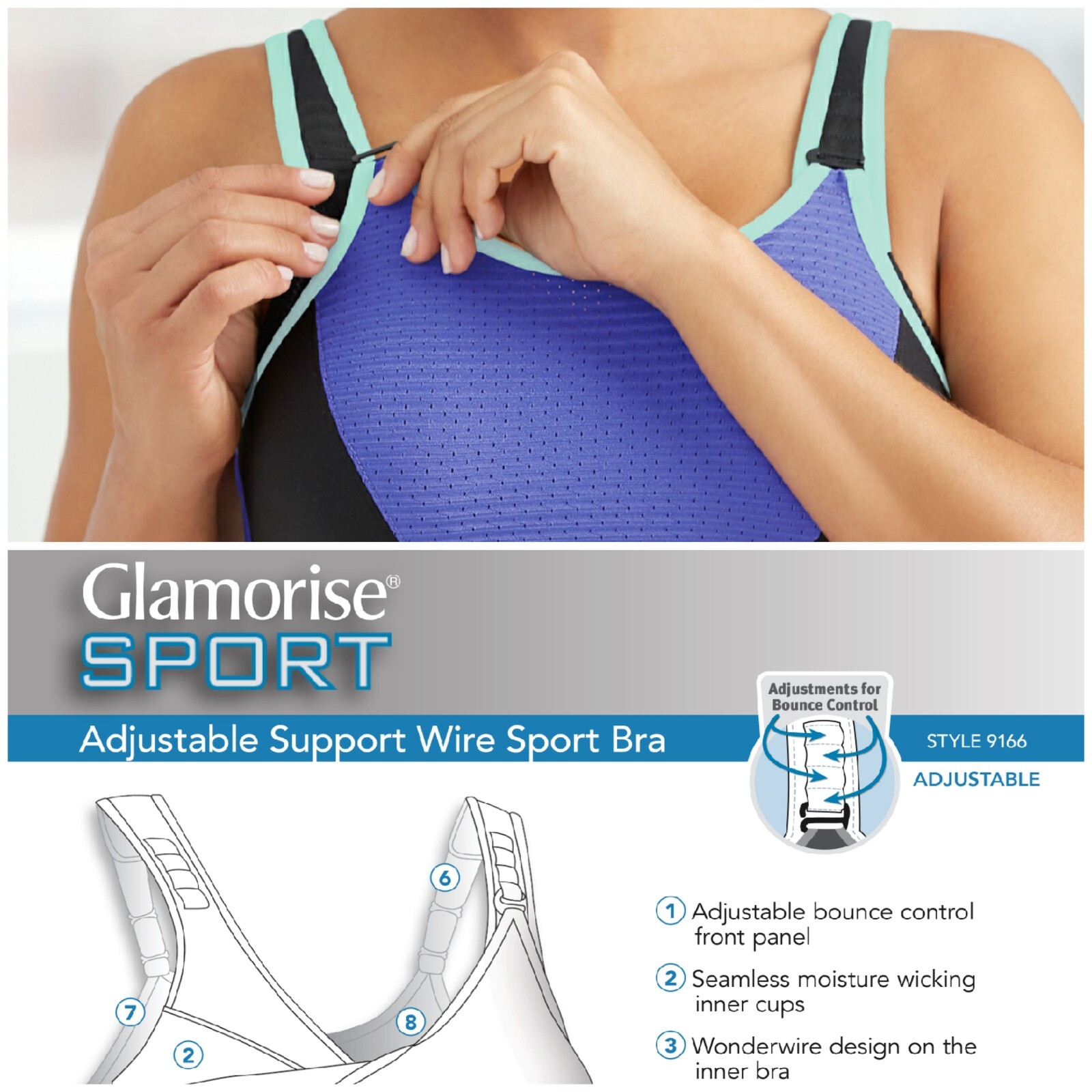 Glamorise UNDERWIRE SPORT Bra (Adjust Support Low-High-Impact) Wicks! Purple NEW