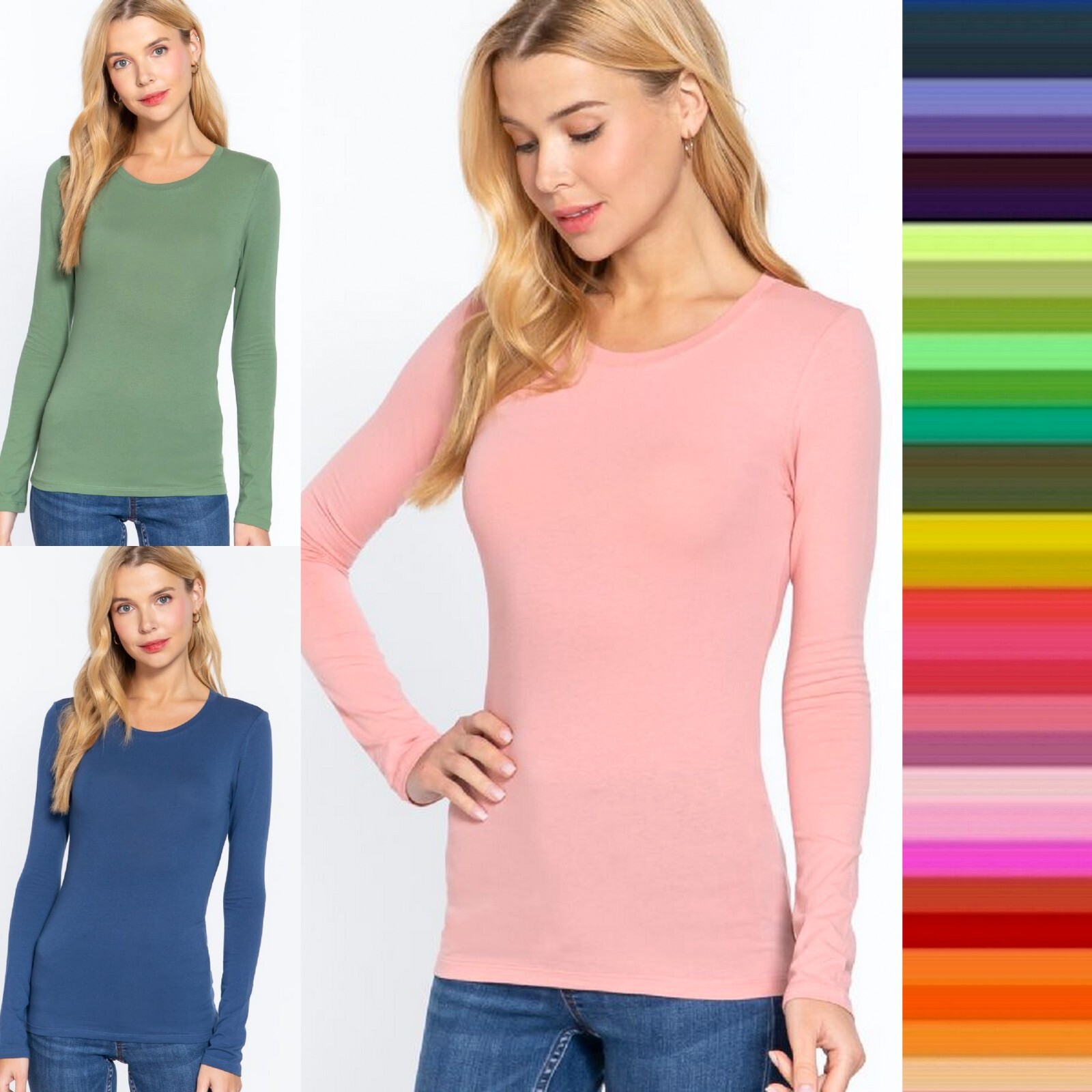 Women’s Crew Round Neck Long Sleeve T-Shirt Stretch Soft Cotton Basic Plain Top