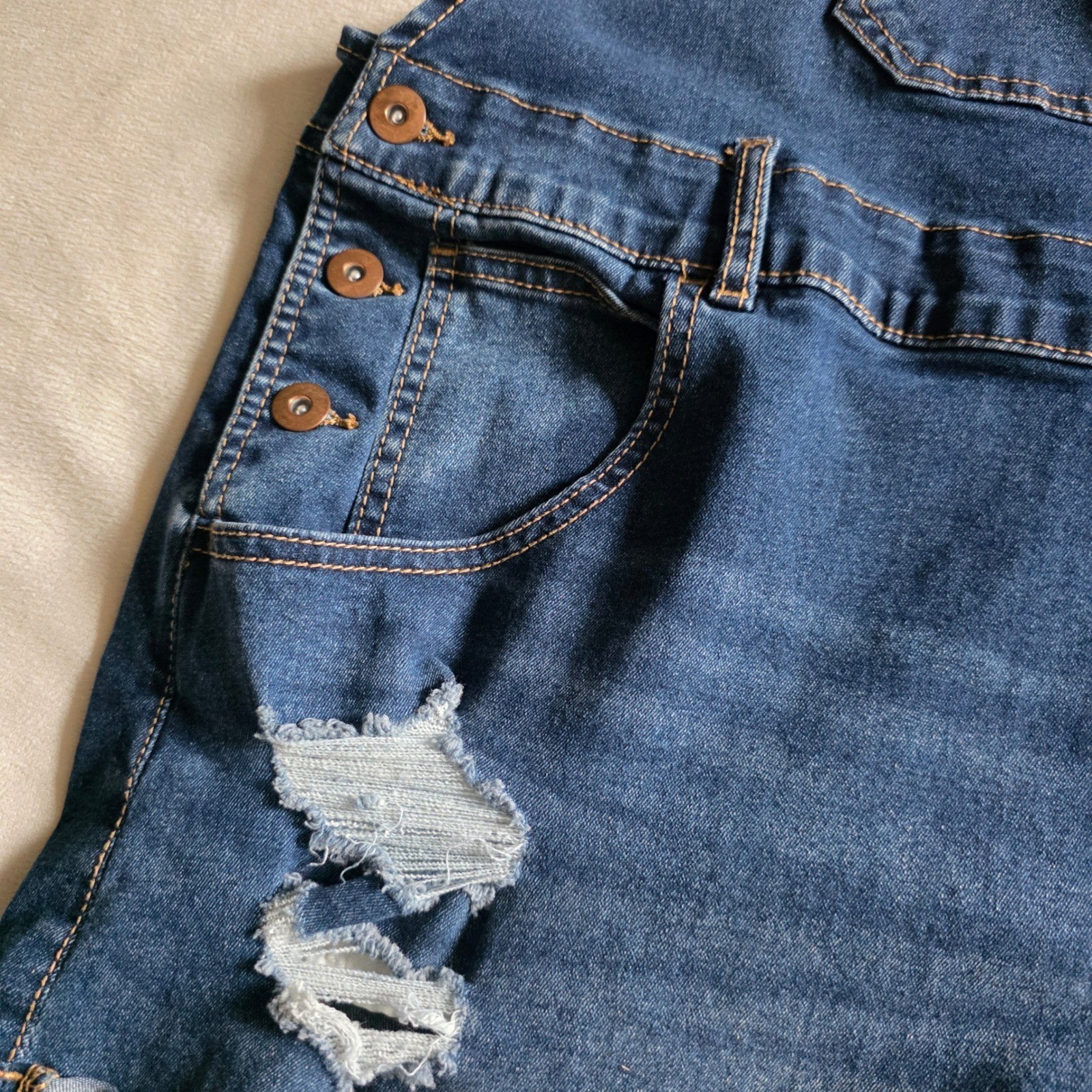 Womens Distressed Denim Shortalls Medium Wash Cuffed Jean Overalls
