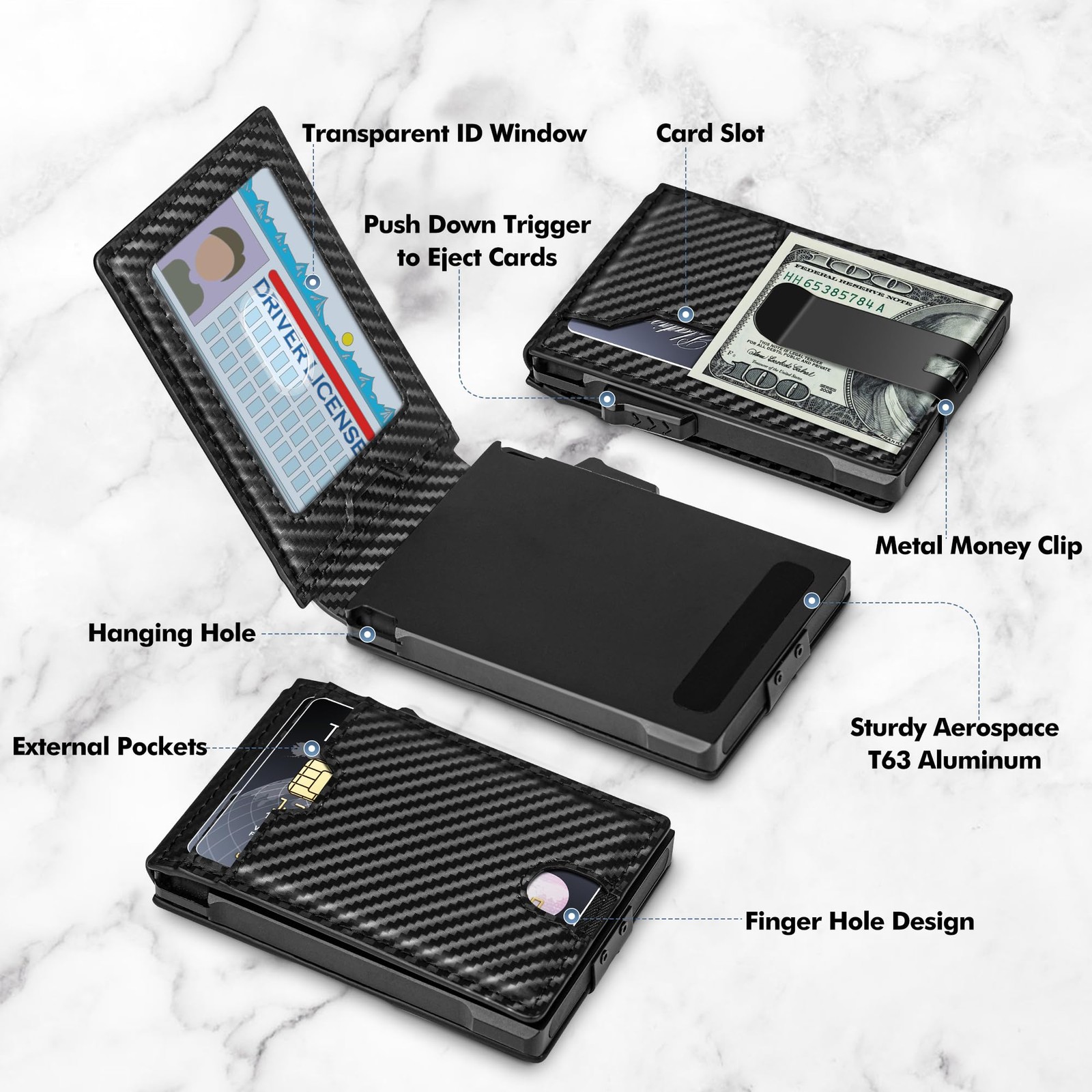 Men’s Slim Pop Up Carbon Fiber Wallet RFID Blocking Bifold Money Clip Gift