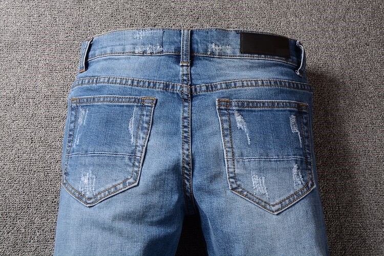 Mens Retro Ripped Slim Pleated Denim Jeans Classic Motorcycle Style Blue Stretch