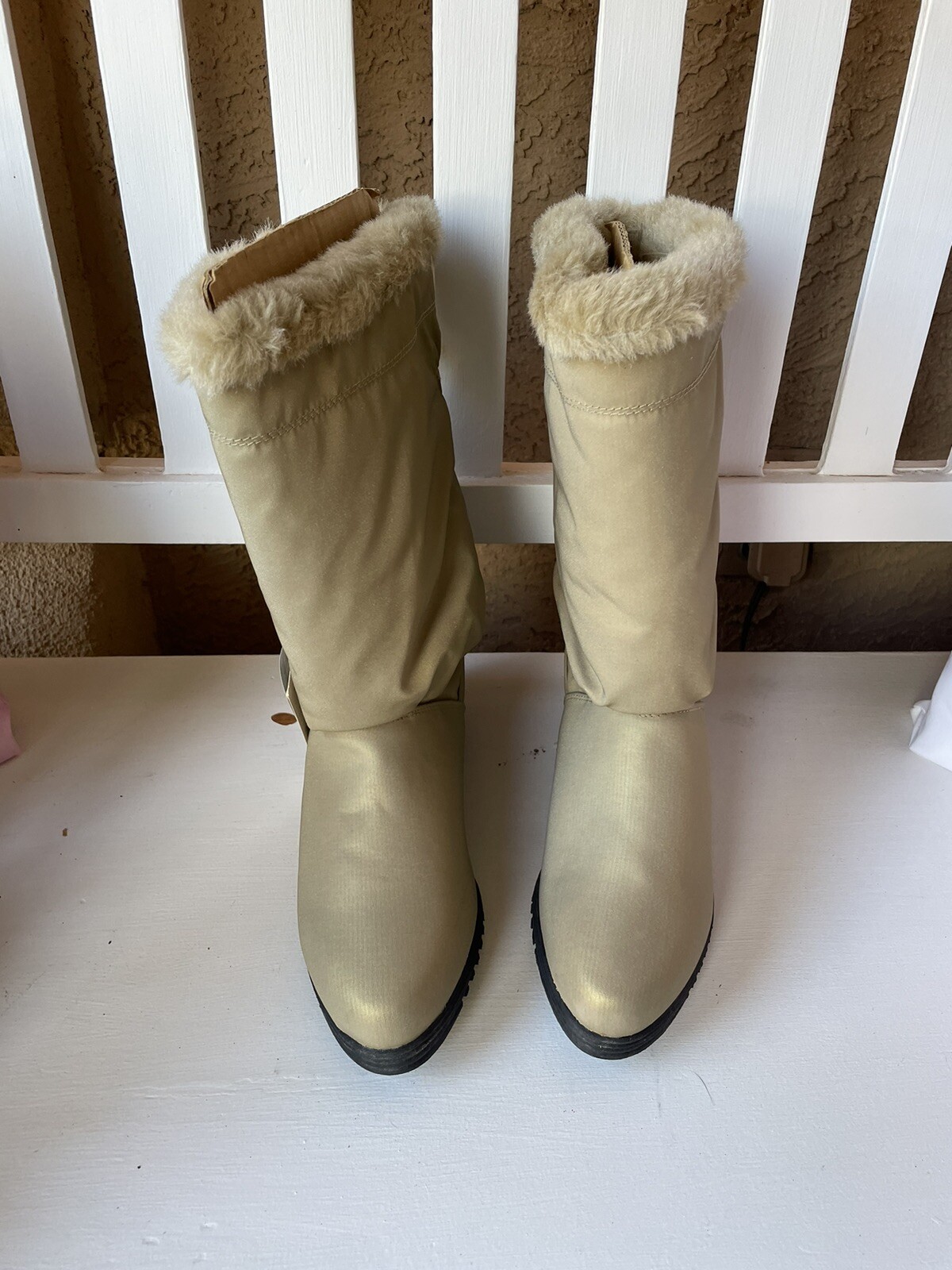 AJ Valenci Icicle Round Toe Mid Calf Faux Fur Collar Zip Winter Boots Tan SZ-8.5