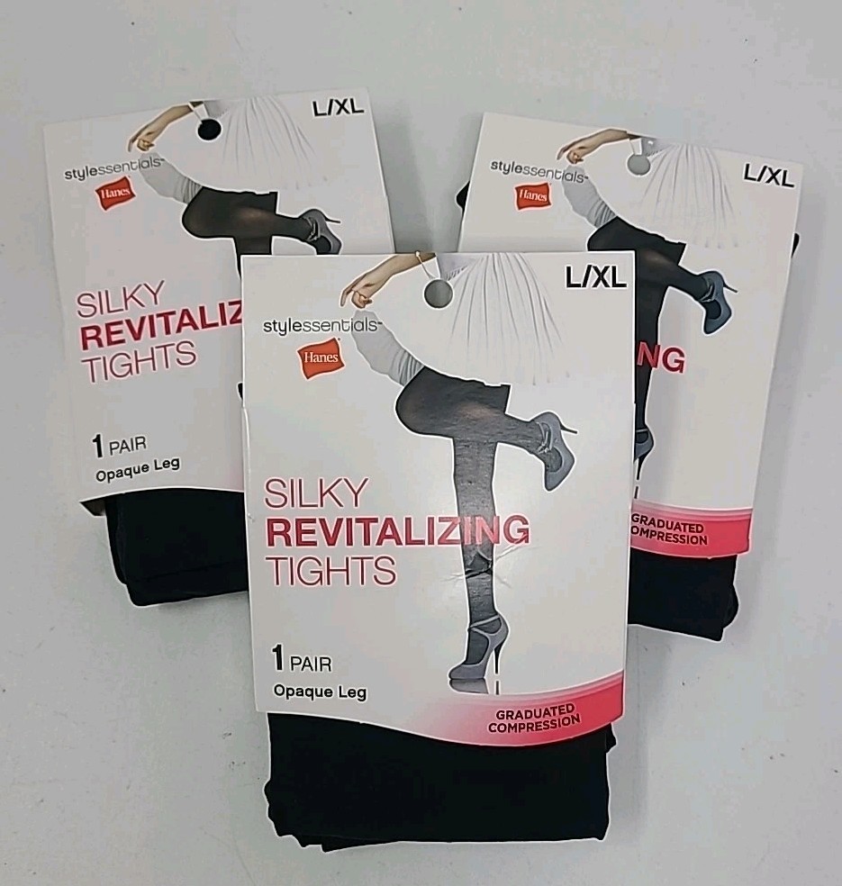 Hanes Silky Revitalizing Tights Opaque Leg L/XL Black Graduated Compression x3