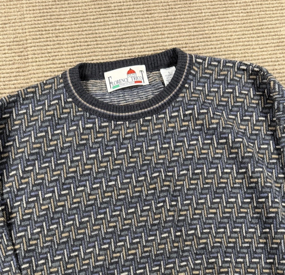 Vintage Florence Tricot Mens Sz L Sweater Multicolor Geometric Grandpa 80s 90s