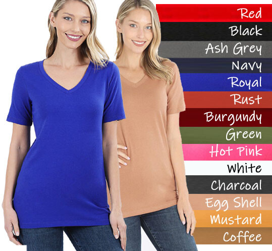 Zenana Plain Short Sleeve T Shirt V-Neck Top Stretch Cotton Tee Women Loose Fit