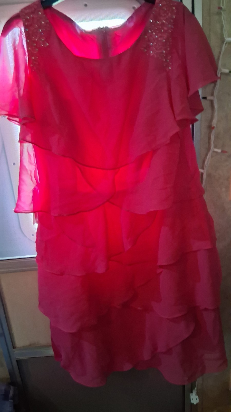 Pink Chiffon A-Line Fit & Flare Dress Beaded Ruffle Round Neck Zip L