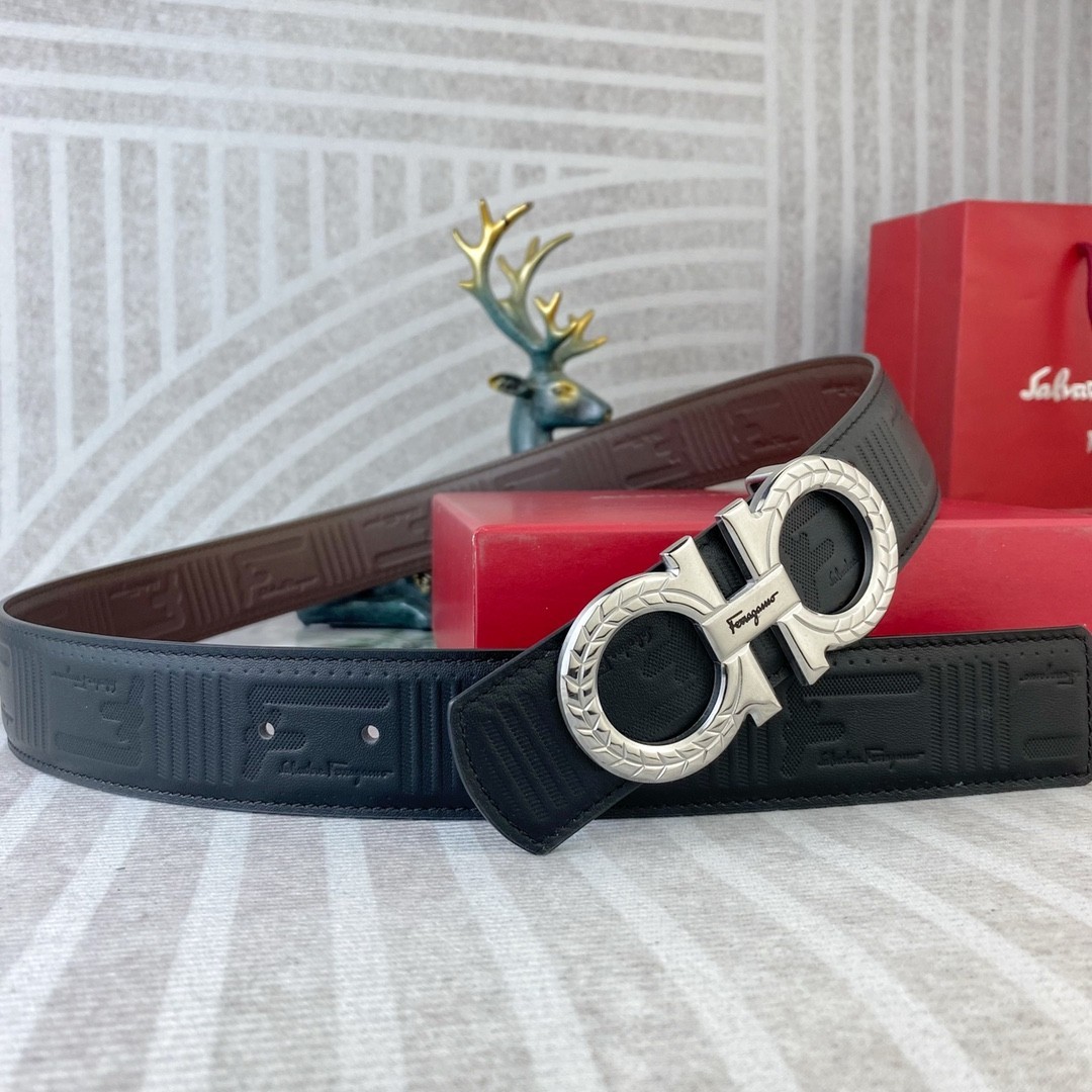 Ferragamo Handcrafted Leather Belt Reversible width 3.8cm/1.5inch Silver Buckle