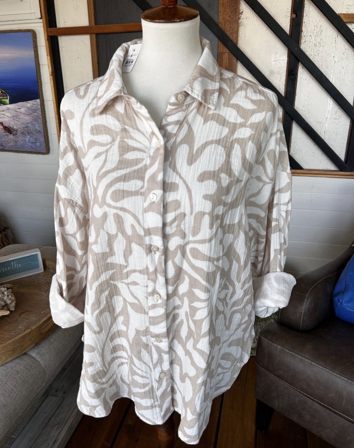 Lou & Grey Beige White Abstract gauze Print Button Front Shirt Large 100% Cotton