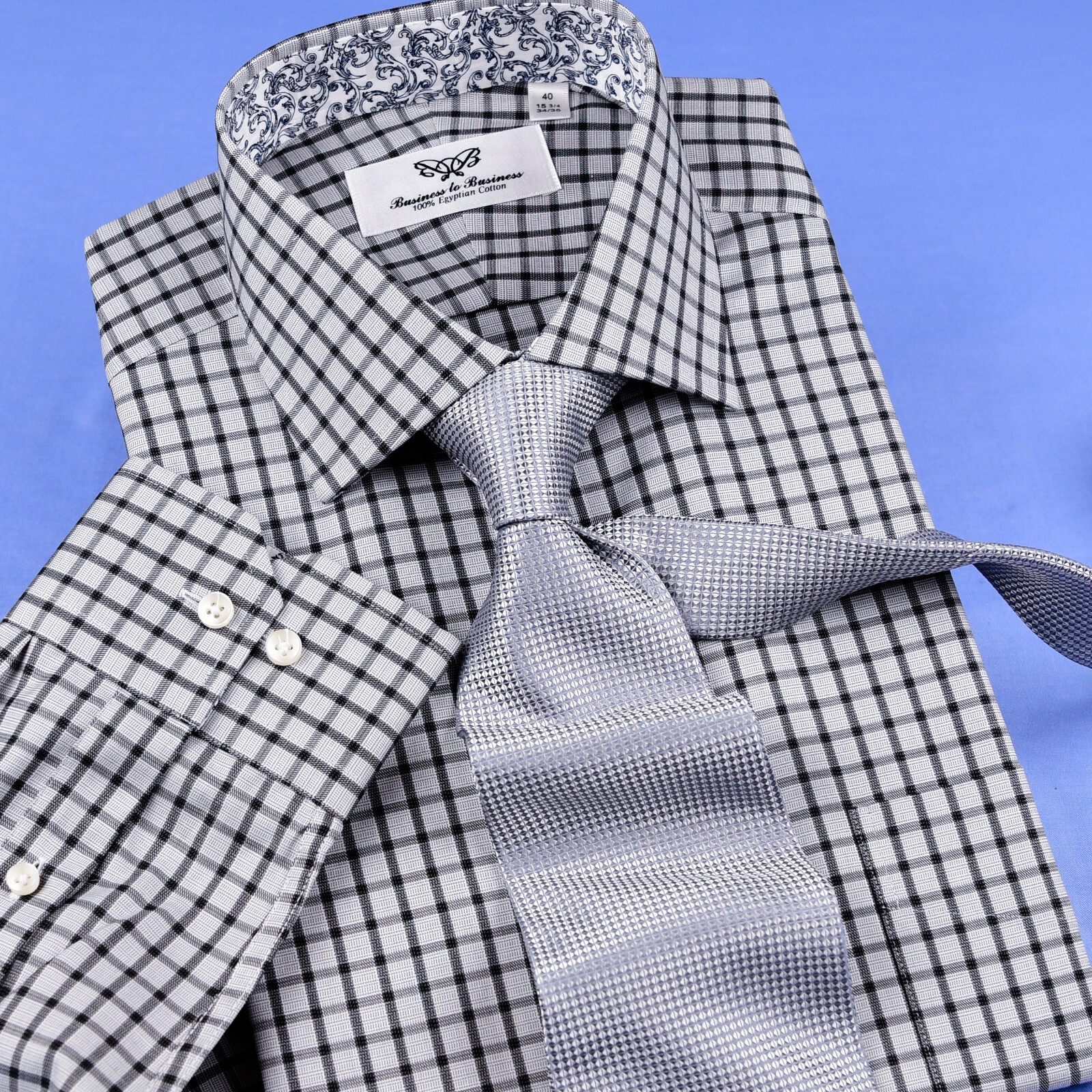 Grey Black Check Dress Shirt Formal Business Floral Paisley Barrel Button Cuff