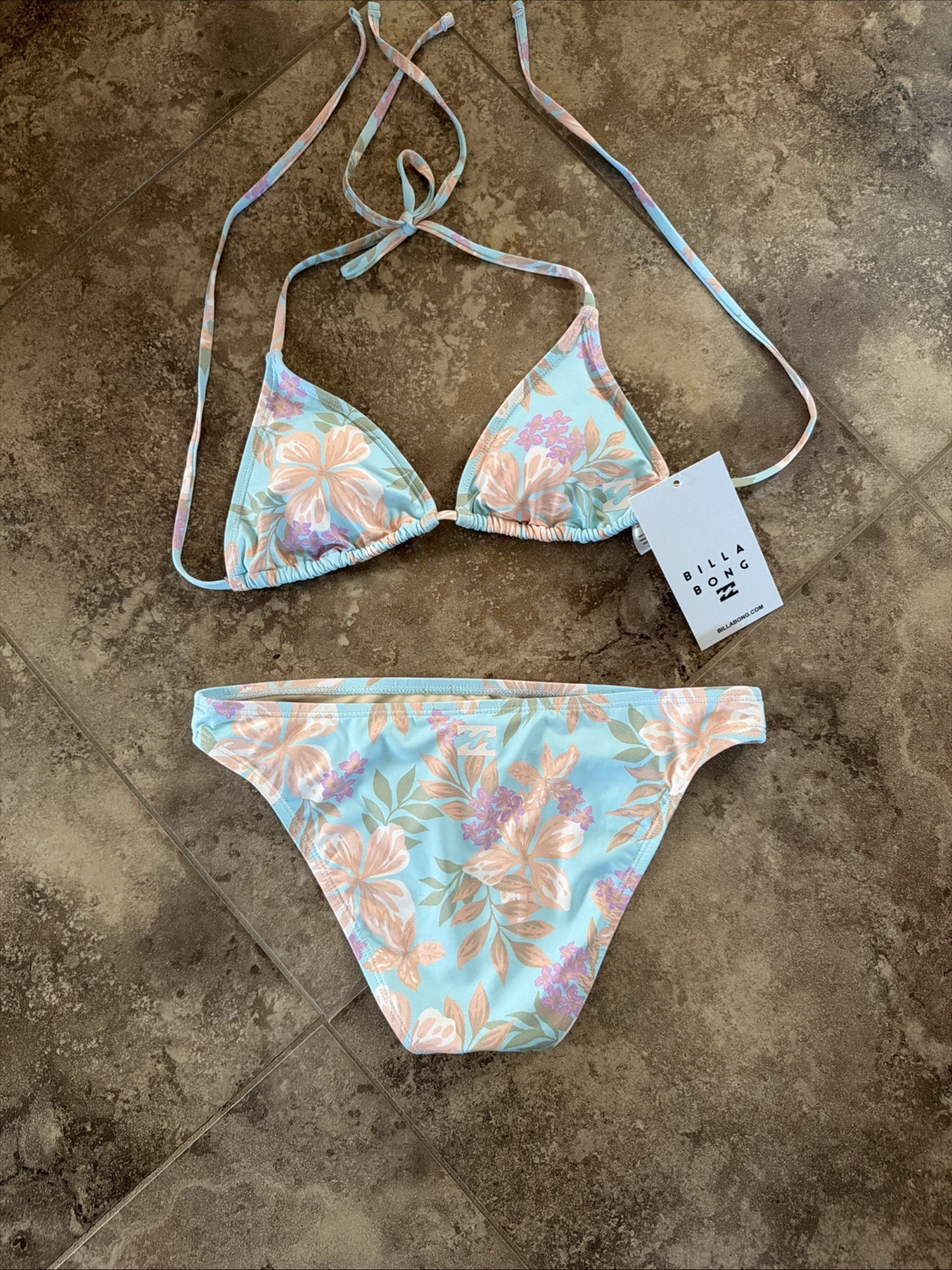 NWT Billabong Beach Babe Triangle Top Bikini Set Moderate Tropical Aqua $99 L