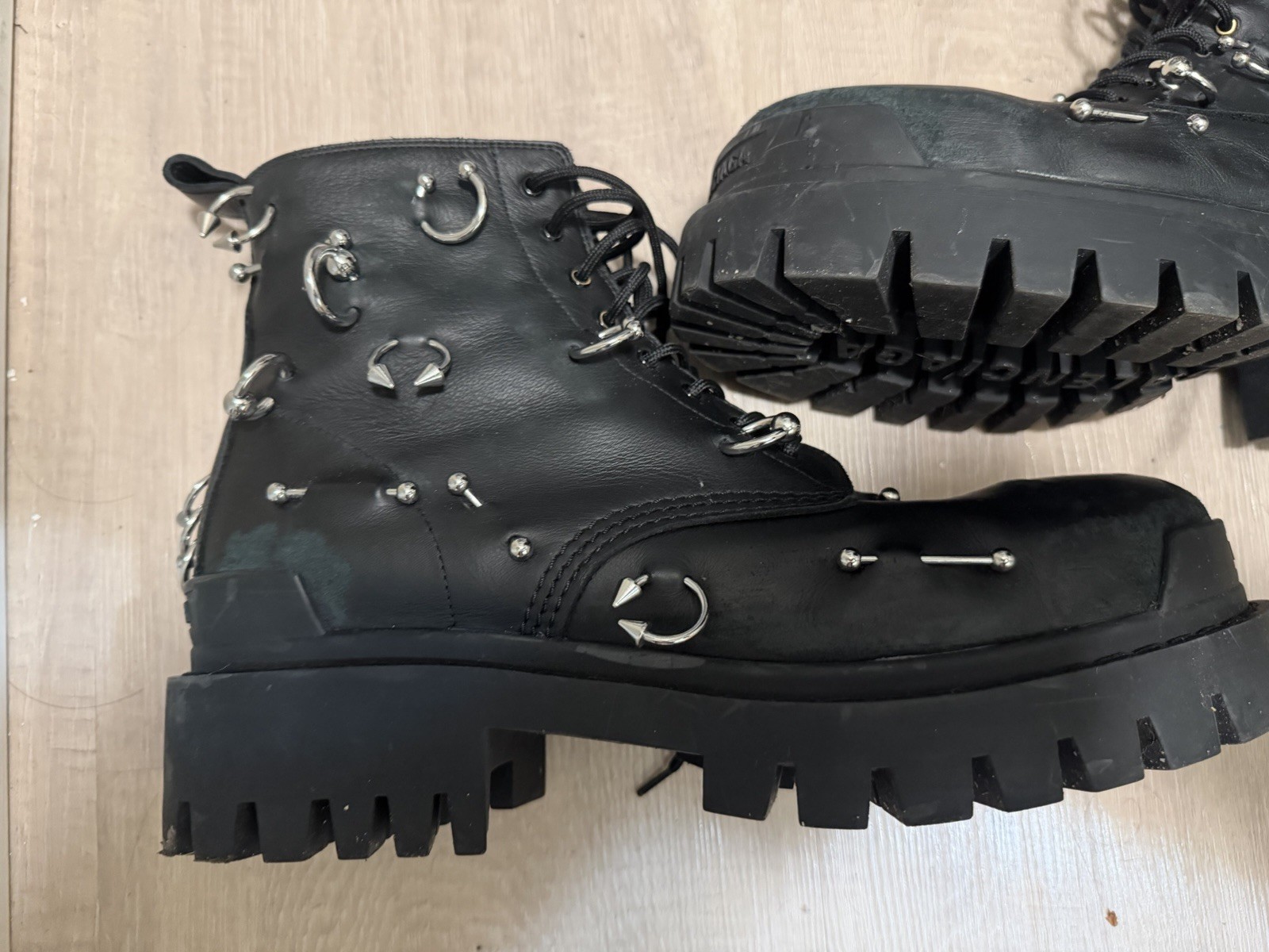 Balenciaga Men’s Black Leather Studded Strike Combat Ankle Boots Lace Up 12