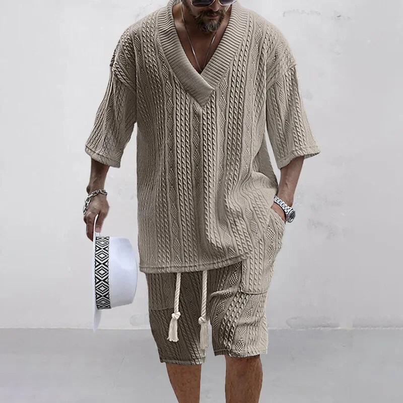 Men’s 2 Piece Knitted Set Summer Rolled Sleeve Short sleeve Shirt and Shorts Set
