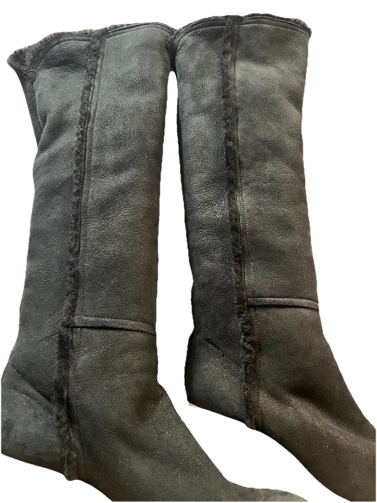 Chanel Boots 40 Wedge Knee High Suede Sherpa Fur Lined Biker Moto Spellout Logos