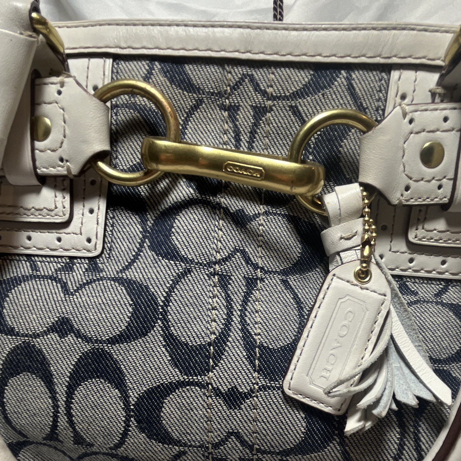 Coach Signature Logo Satchel Shoulder Bag, Blue/White, Tassel Charm, Zip