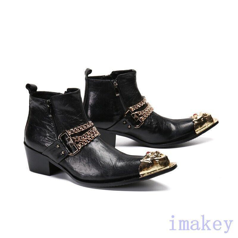 Mens Leather Ankle Boots Pointed Toe Chain Decor Nightclub Party Casual Shoes SZ