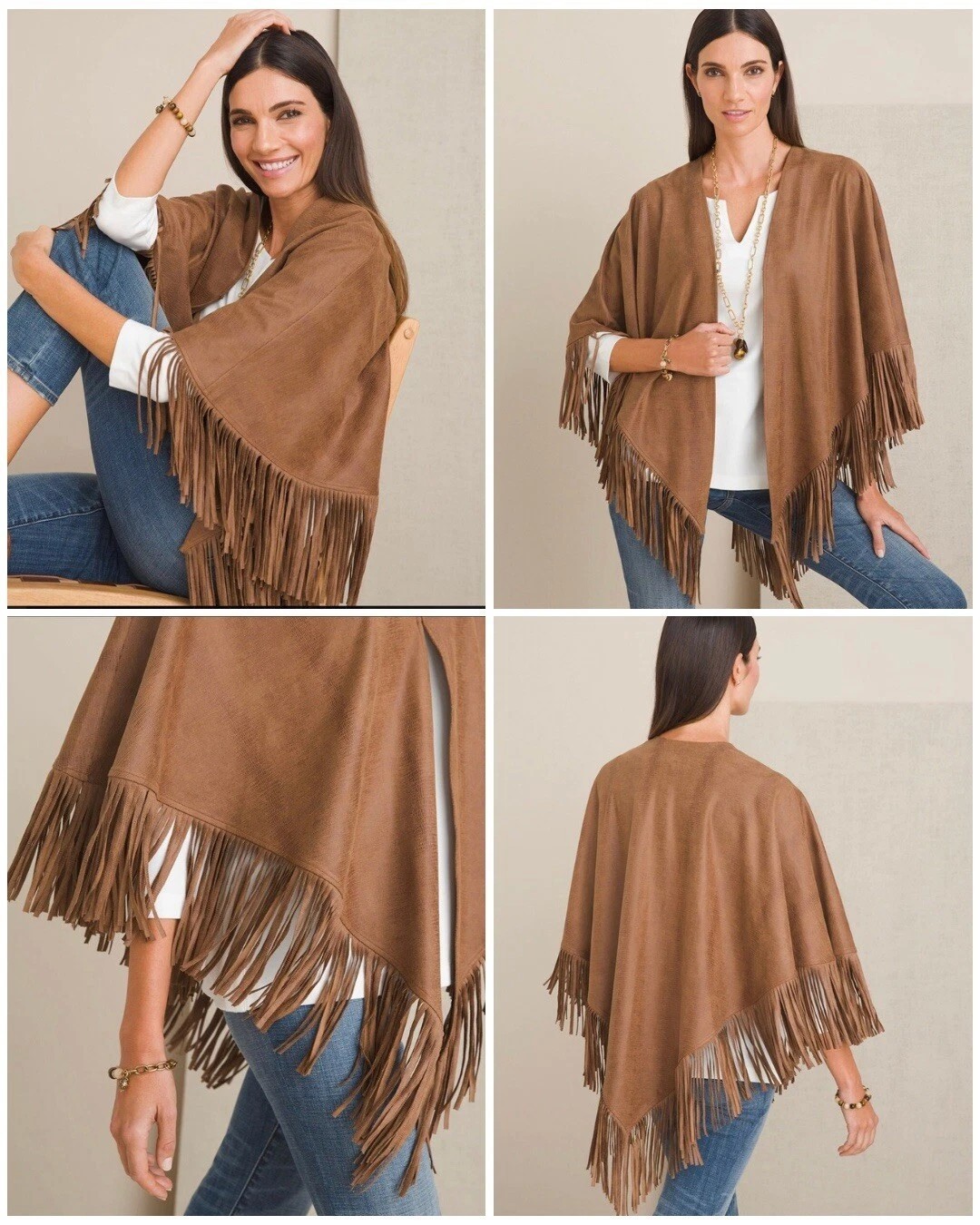 Chico’s Brown Fringe Poncho Shawl One Size Western Boho Faux Suede Wrap