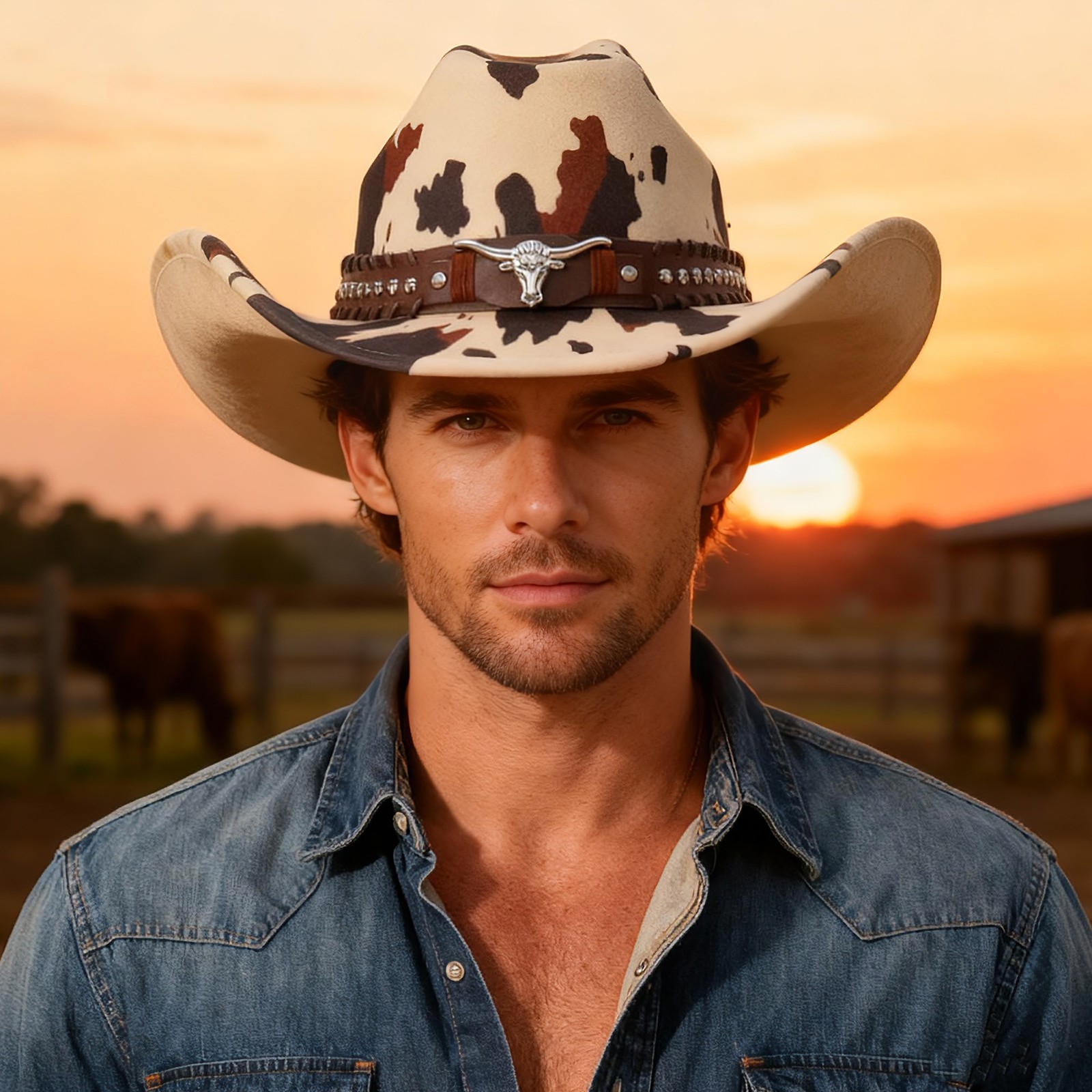 Women Western Cow Print Wide Brim Cowboy Hat with Cow Head Rivet Belt Decoration