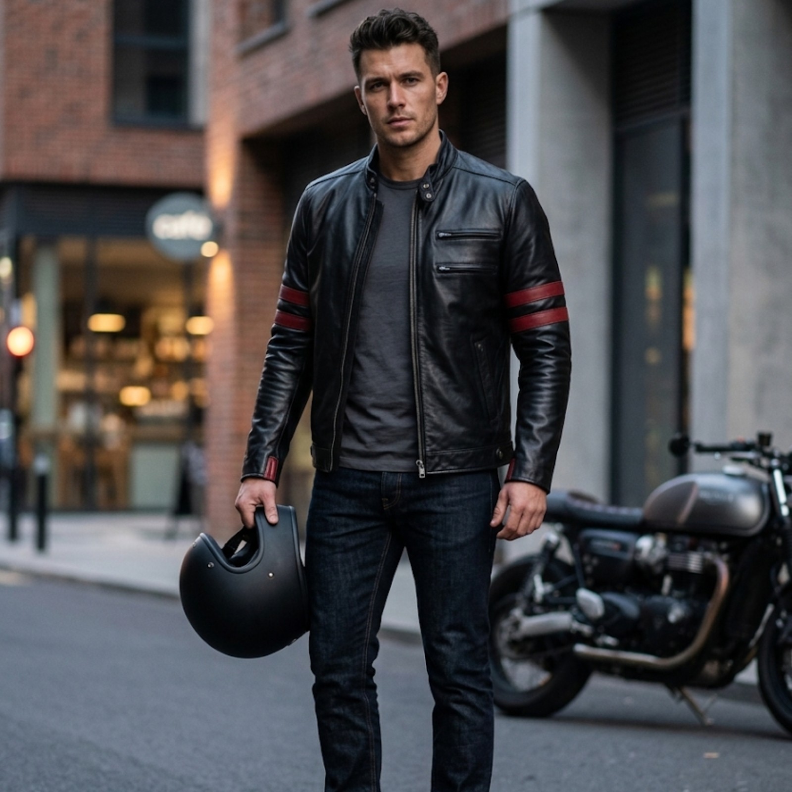 Men’s Black Leather Biker Jacket Red Stripe Cafe Racer Moto Slim Fit Genuine