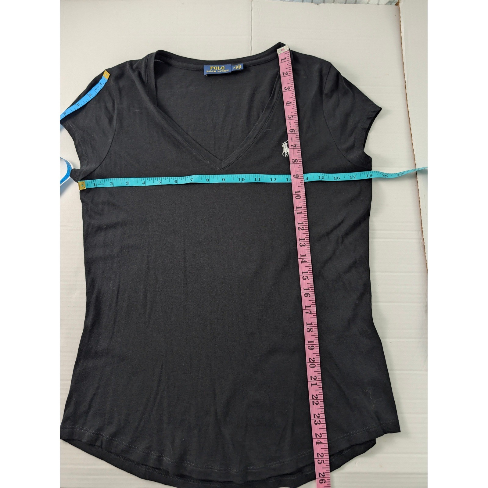 Polo Ralph Lauren T-Shirt Women Medium Black V-Neck Cotton Blend Logo Capsule