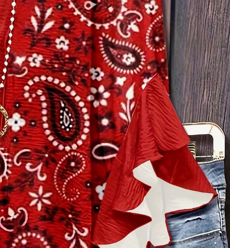 2XL Red Paisley Bohemian Tunic Blouse with Ruffle Bell Long Sleeves for Women