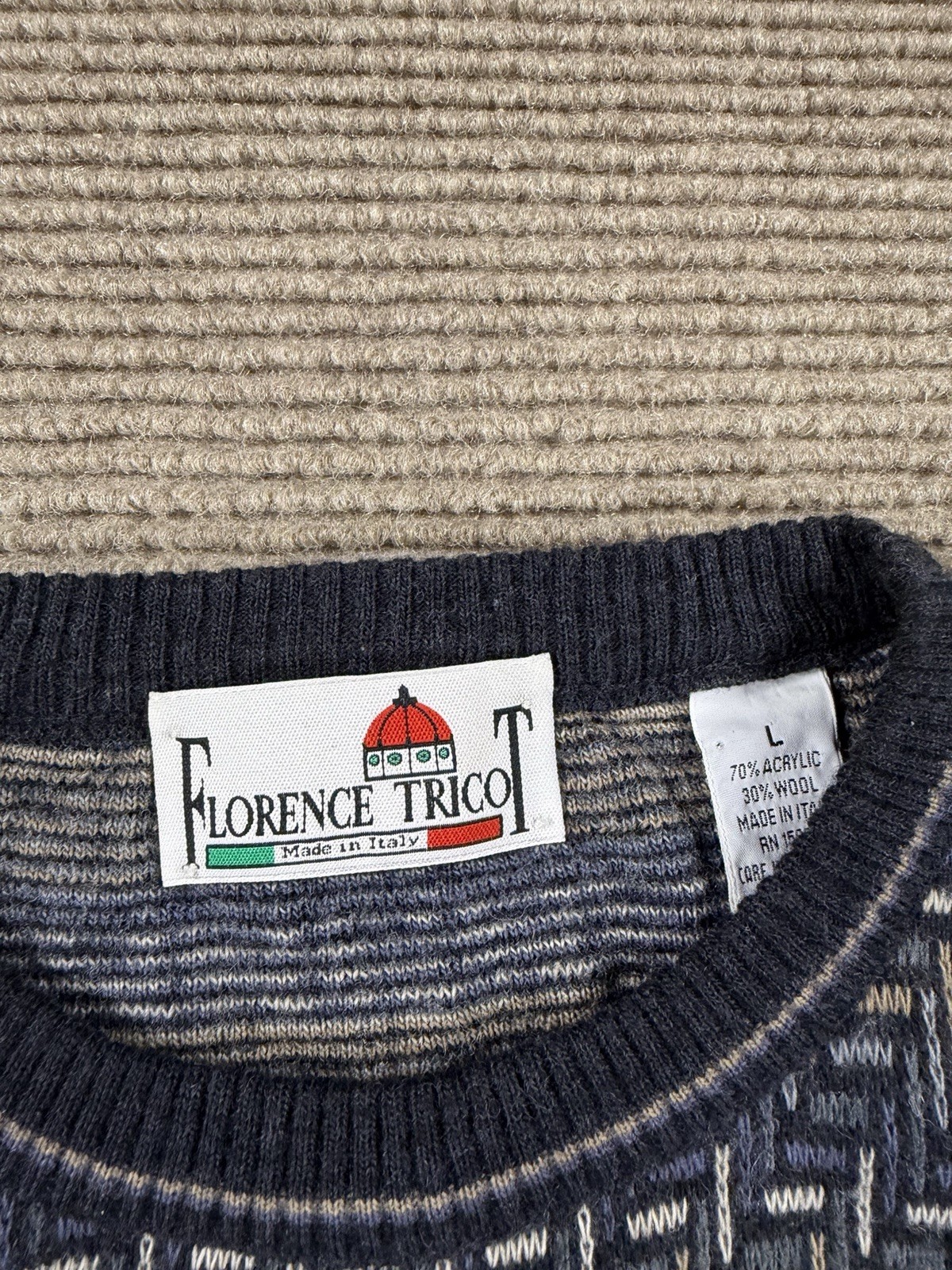 Vintage Florence Tricot Mens Sz L Sweater Multicolor Geometric Grandpa 80s 90s