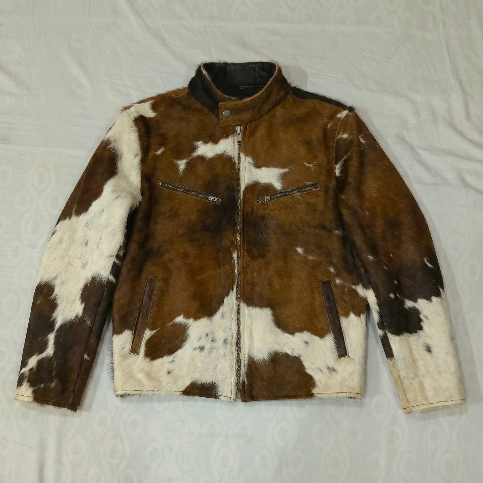 Mens Real Cowhide Leather Jacket Hair on Hide Cow Print Western Cafe Racer Coat