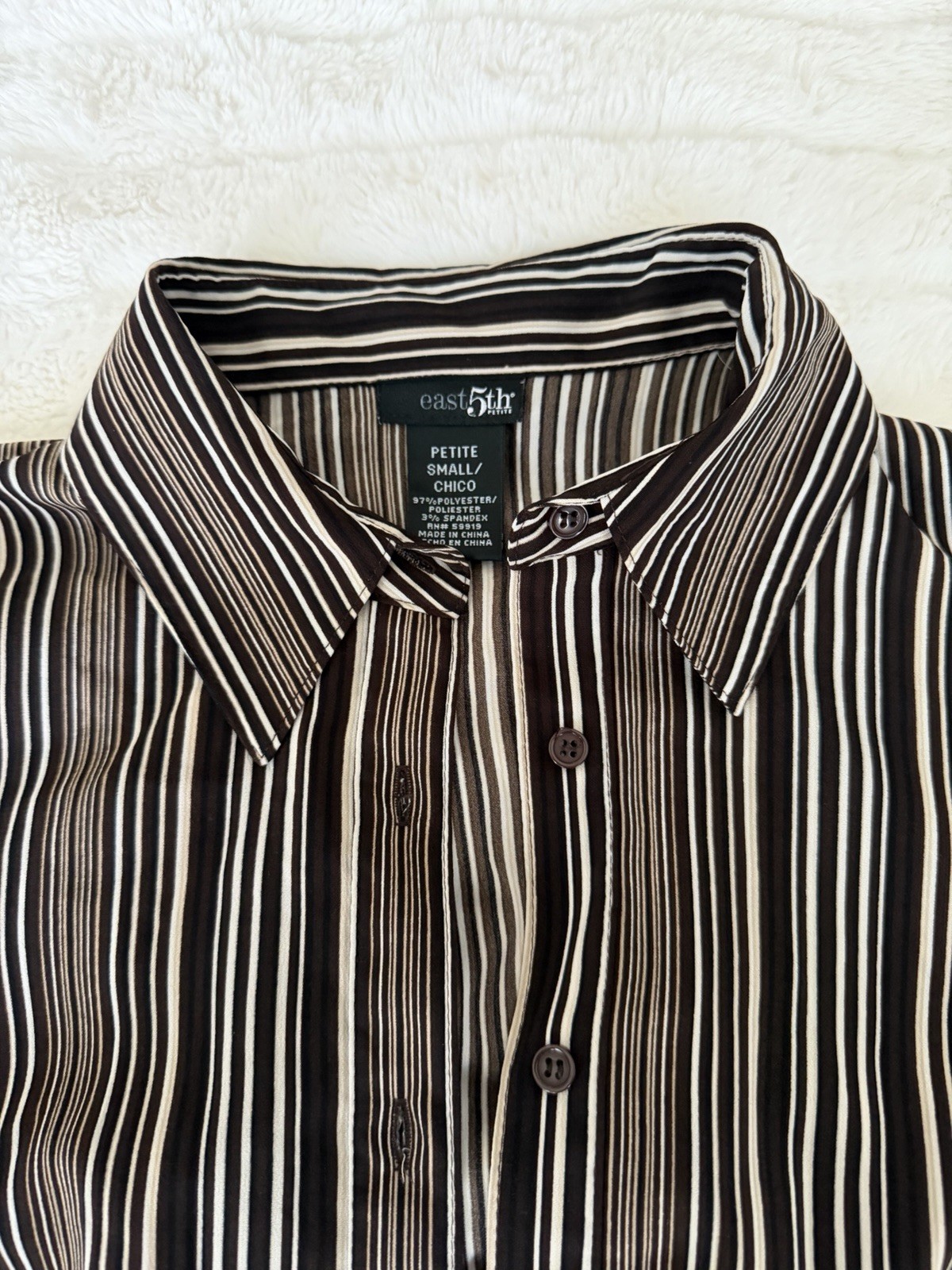 East 5th Petite S Black/White/Gray Striped Collared Button-Up Woven Shirt