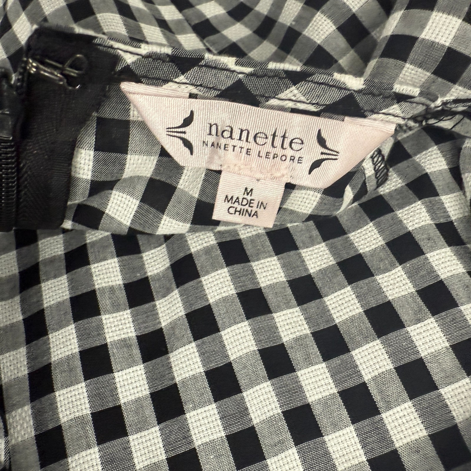 Nanette Lepore Blouse Womens M Black Check Open Back Boho Cottage Old Money