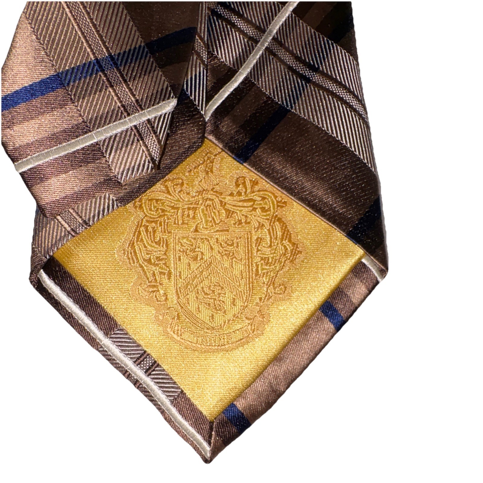 Donald J. Trump Men’s Woven Silk Tie Brown Blue Plaid Check Logo Designer