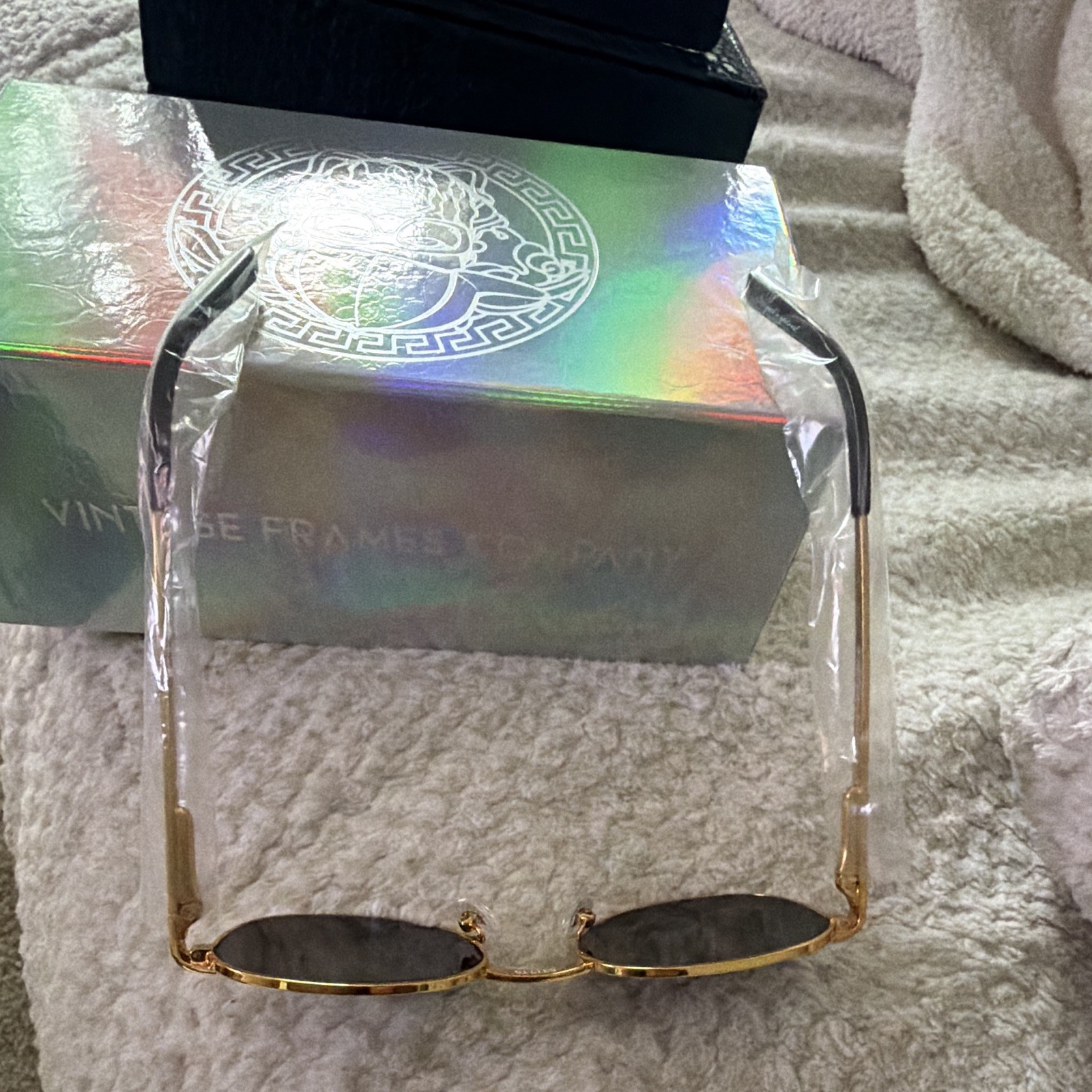 Vintage Frames Company Gold Metal Oval Sunglasses Black Tinted Lenses