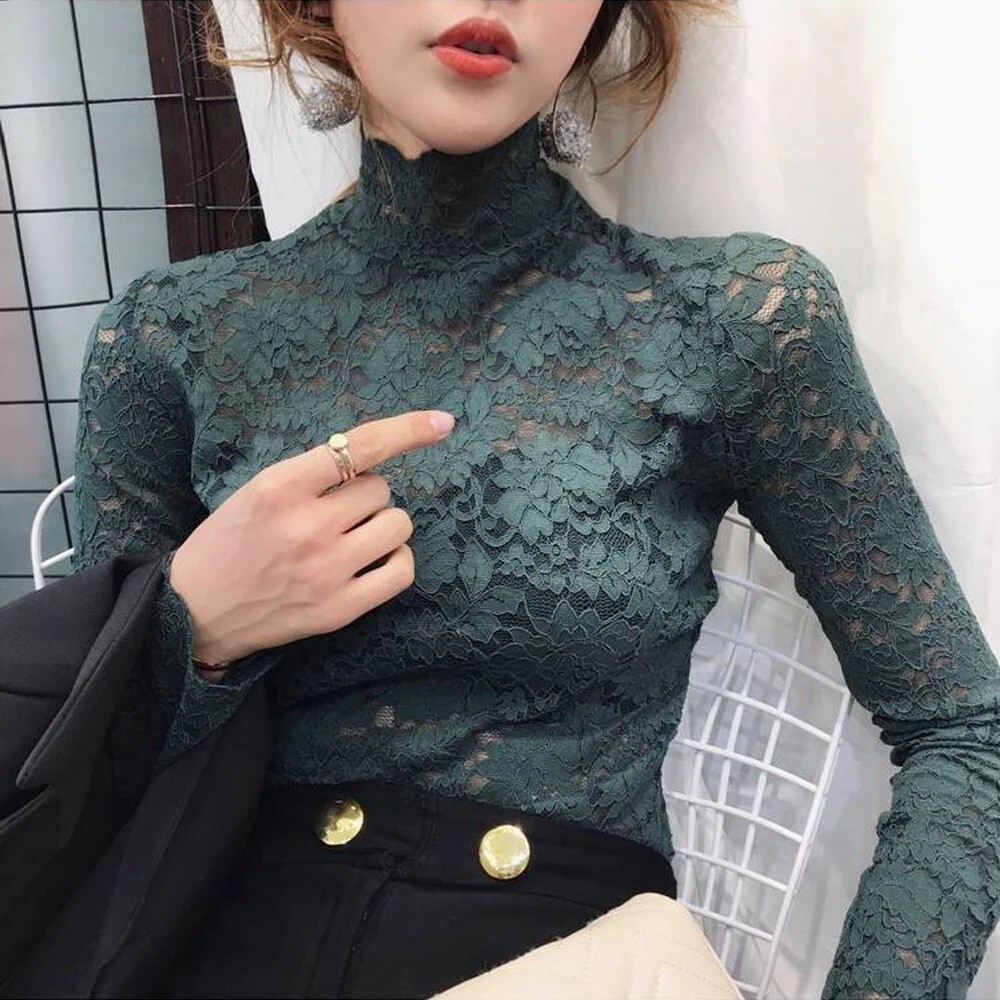 Women Lace Long Puff Sleeve Top Stretch Solid Turtleneck Blouse Casual