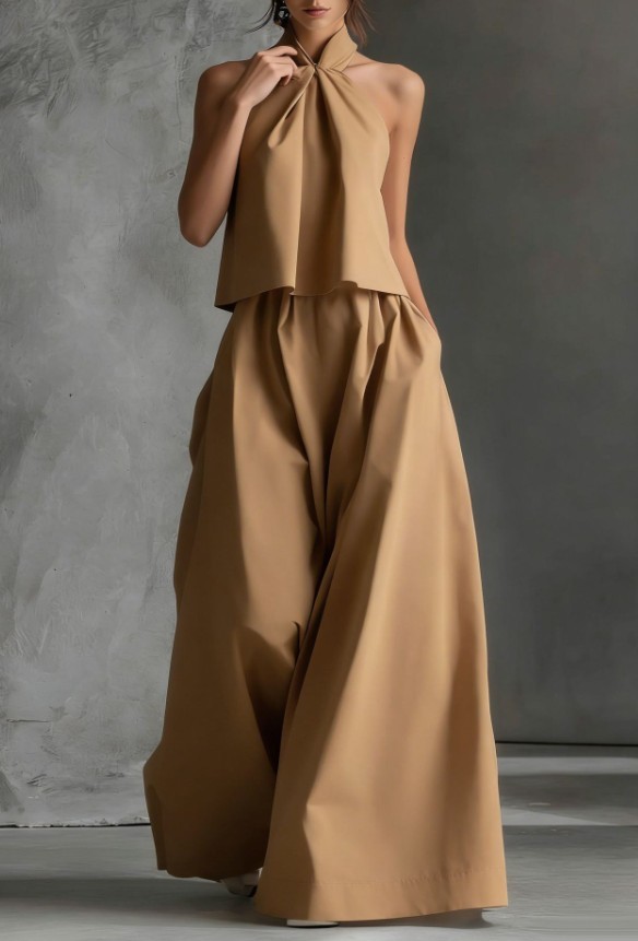 Women Sleeveless Halter Crop Top High Waist Wide Leg Pants 2 Piece Outfit Set