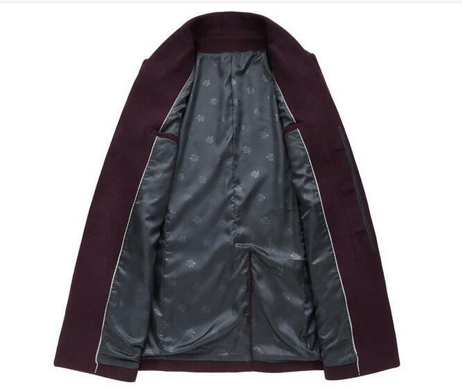 Men’s Wool Blend Mid Length Jacket Formal Stand Collar Slim Trench Coat Oversize