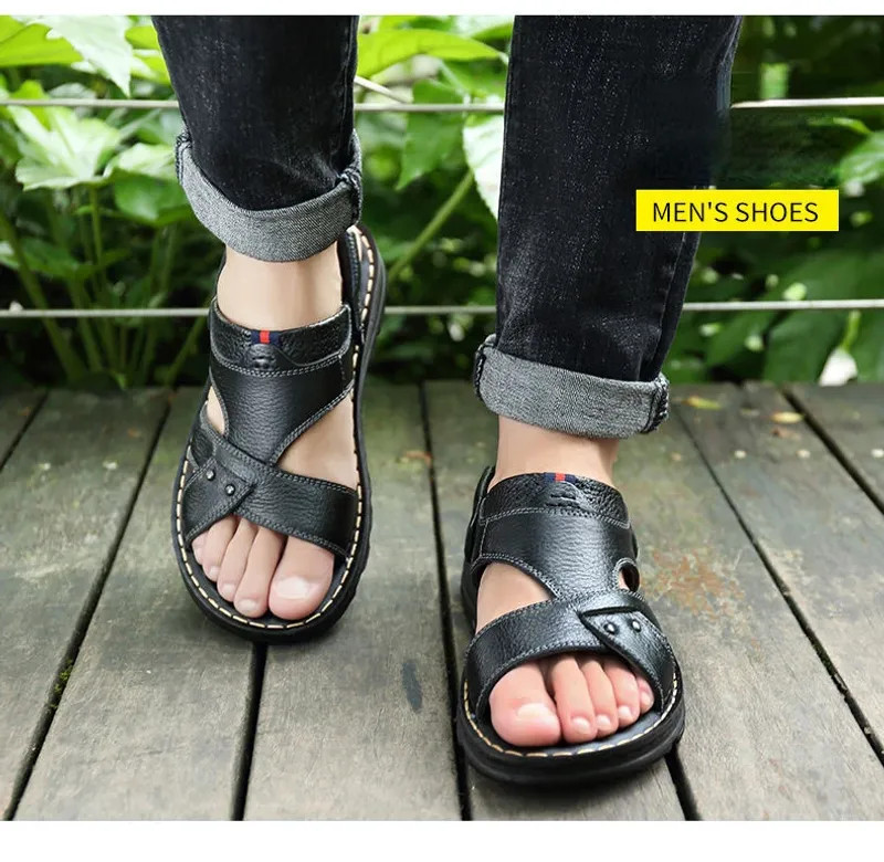 Summer Men Leather Sandals Genuine Leather Non-slip Men Shoes Slippers