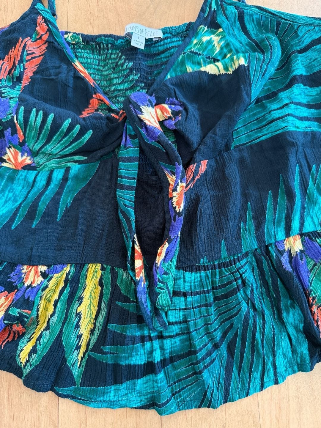 Patrons of Peace Tropical Print Tie-Front Peplum Top Size L