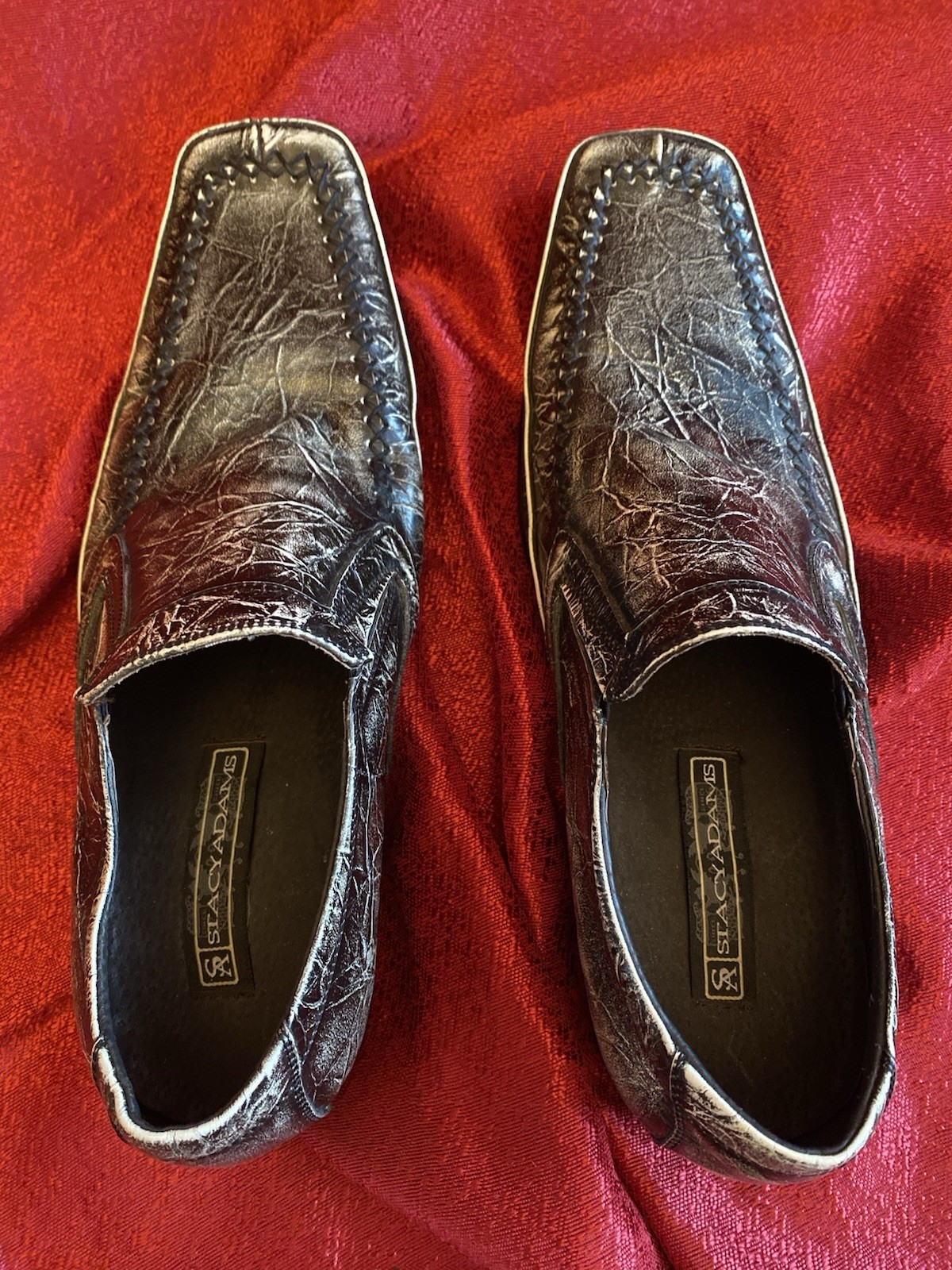STACY ADAMS Thick Stitch Sq. Toe Slip On Loafer Black Marble Leather Sz 7.5 VTG