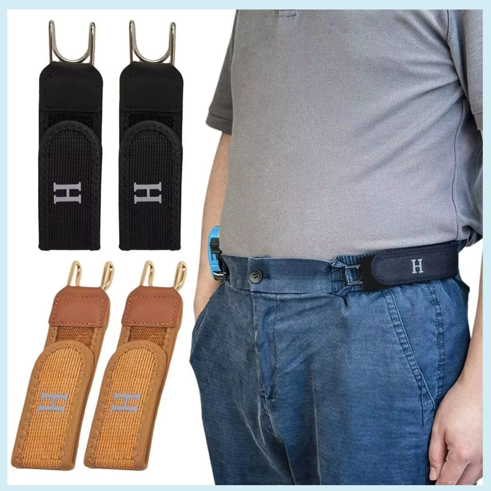 2 Pack No Buckle Elastic Belt Hook Adjustable Invisible Waist Strap Unisex
