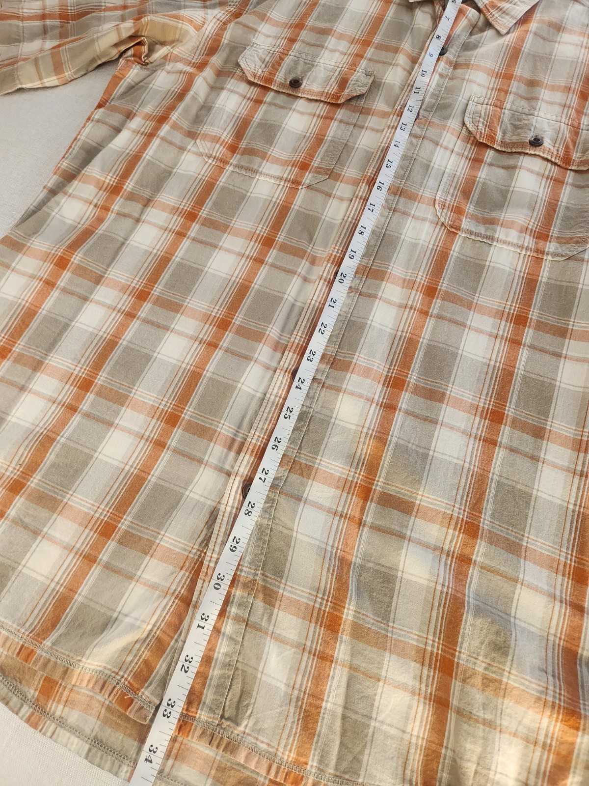 RedHead Men M Orange Beige Plaid Cotton Woven Short Sleeve Button-Up Pocket #043