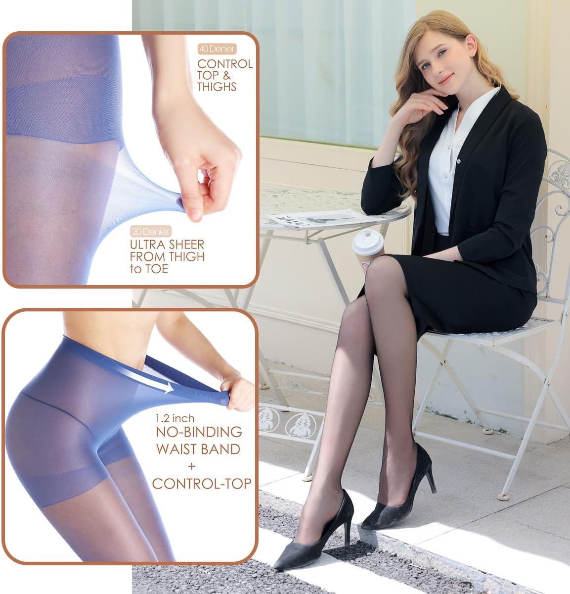 3 Pairs Women’s Sheer Tights – 20D Control Top Pantyhose with Reinforced Toes